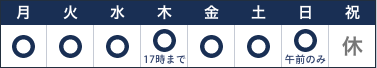 診療案内 月⚪︎、火⚪︎、水⚪︎、木⚪︎※17時まで、金⚪︎、土⚪︎、日午前のみ、祝日休み